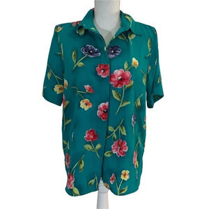Alfred Dunner Teal Blue Floral Button Up Blouse Size 8 Colorful Shoulder Pads